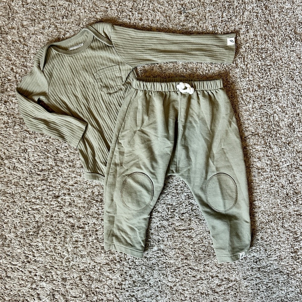 Easy Peasy Organic‎ Cotton Ribbed Long Sleeve Bodysuit Pants Set 12M Olive Green